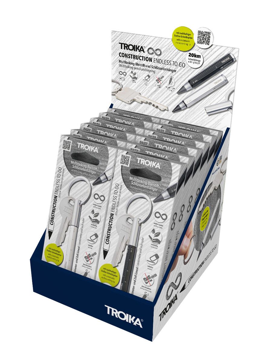 Troika Cardboard Counter Display Twelve Item KYP20/SI, KYP20/BK Endless Pencil Keychain Assorted