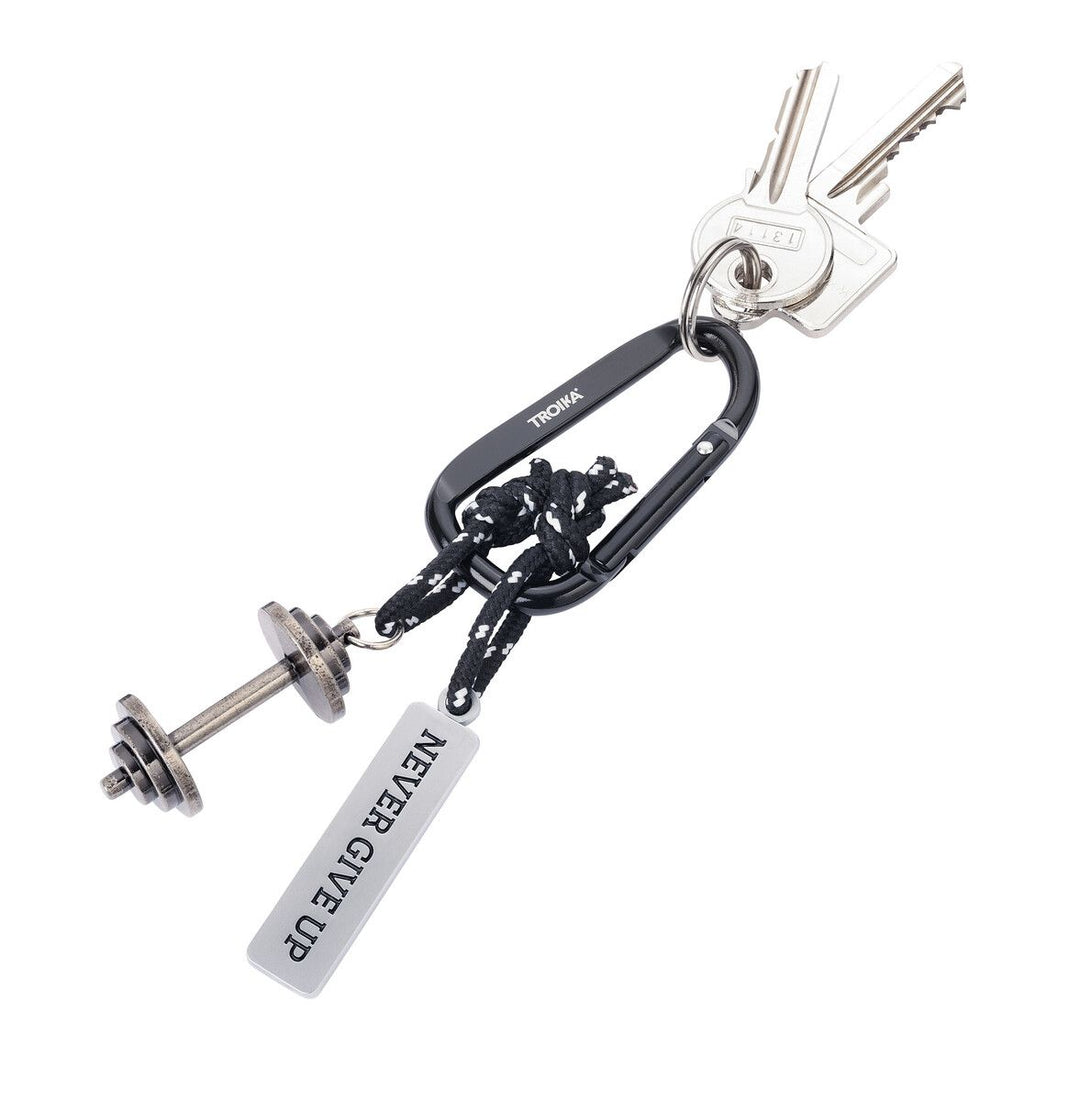 Troika NEVER GIVE UP Carabiner Clip Keychain with Dumbbell & Tag Charms