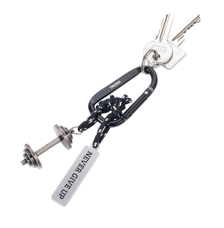 Troika NEVER GIVE UP Carabiner Clip Keychain with Dumbbell & Tag Charms