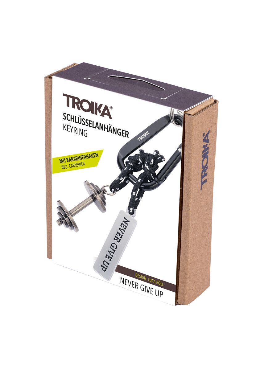 Troika NEVER GIVE UP Carabiner Clip Keychain with Dumbbell & Tag Charms