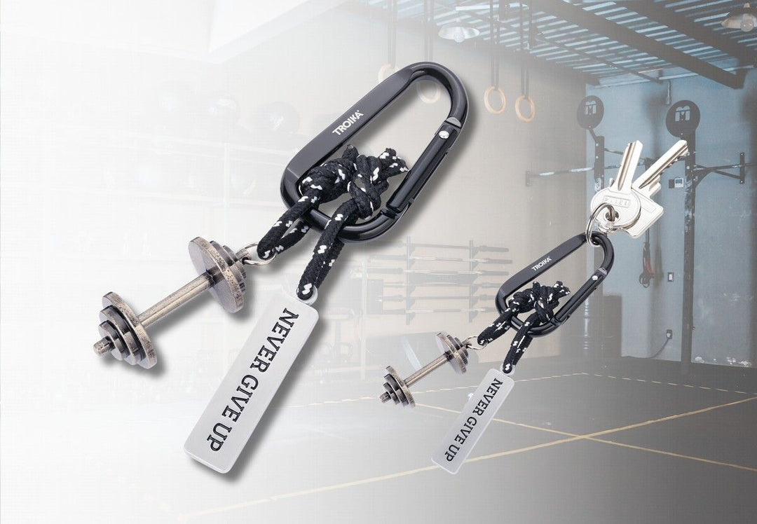 Troika NEVER GIVE UP Carabiner Clip Keychain with Dumbbell & Tag Charms