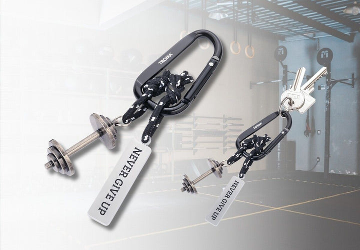 Troika NEVER GIVE UP Carabiner Clip Keychain with Dumbbell & Tag Charms