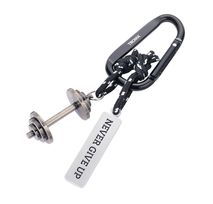 Troika NEVER GIVE UP Carabiner Clip Keychain with Dumbbell & Tag Charms