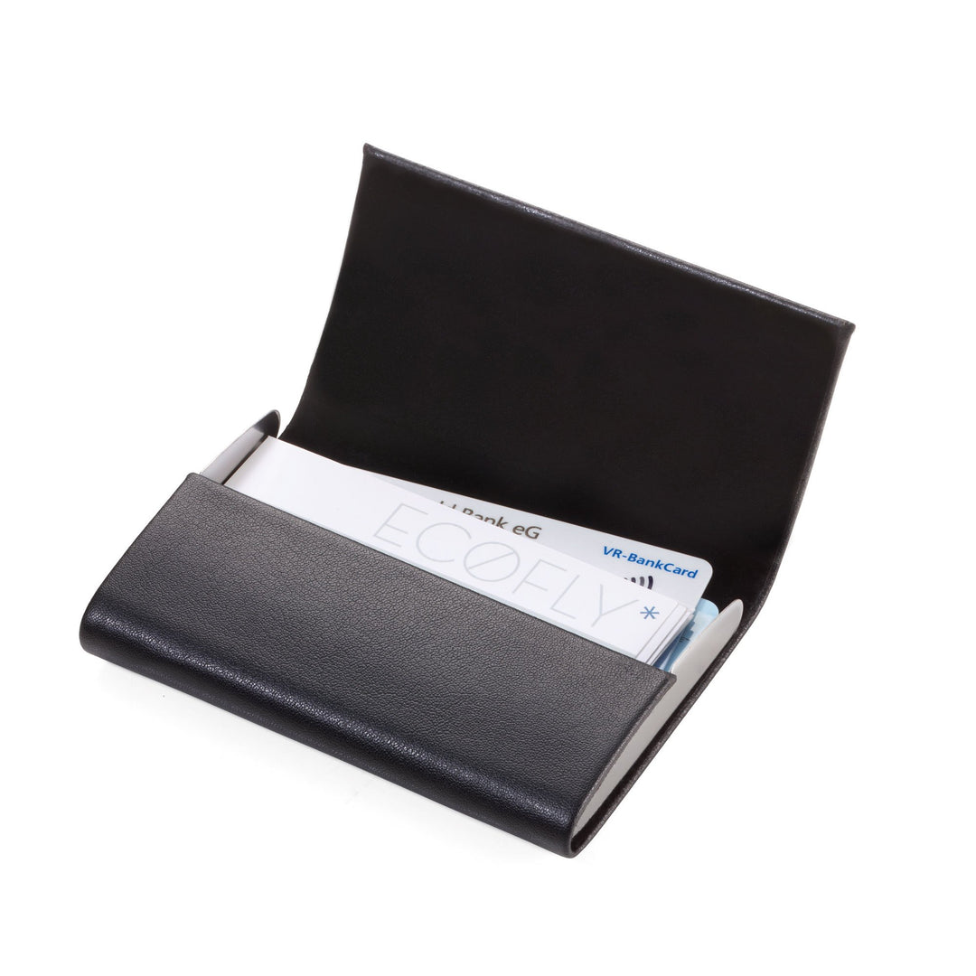 Troika Sophisticase RFID Protected Card Case Item CCC05/BK Black Vegan Leather and Chromed Metal Shown Open