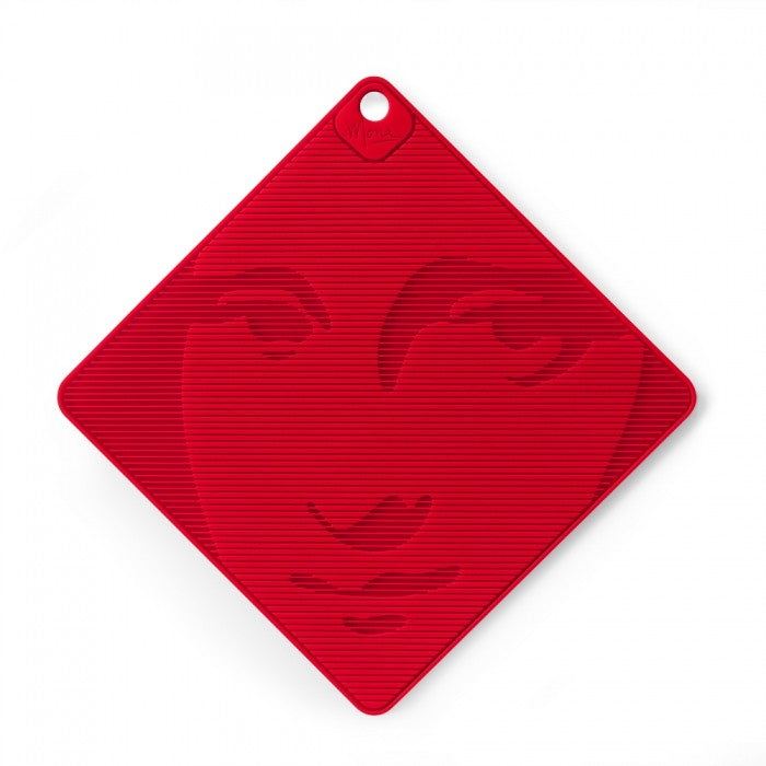 Lib Editeurs D'idees MONA Multi-Functional Trivet inspired by Leonardo da Vinci's Mona Lisa Made in France from foodsafe Silicone. Shown Red