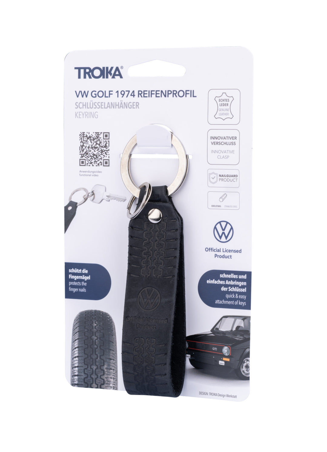 TROIKA VW Golf 1974 Tire Tread Leather Keychain with NAIL GUARD