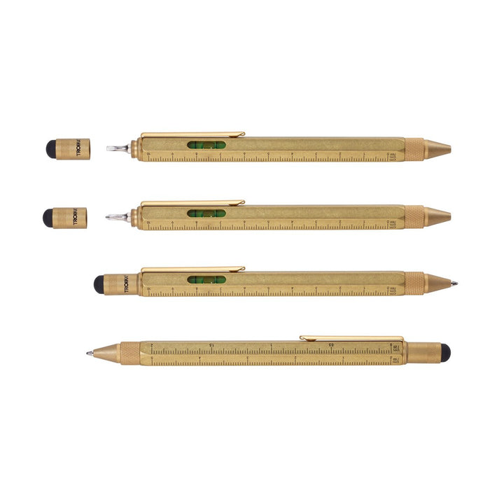 Troika Construction Ballpoint Pen Antique Brass with Black Imprint- Image showing Tools and Fuctionality