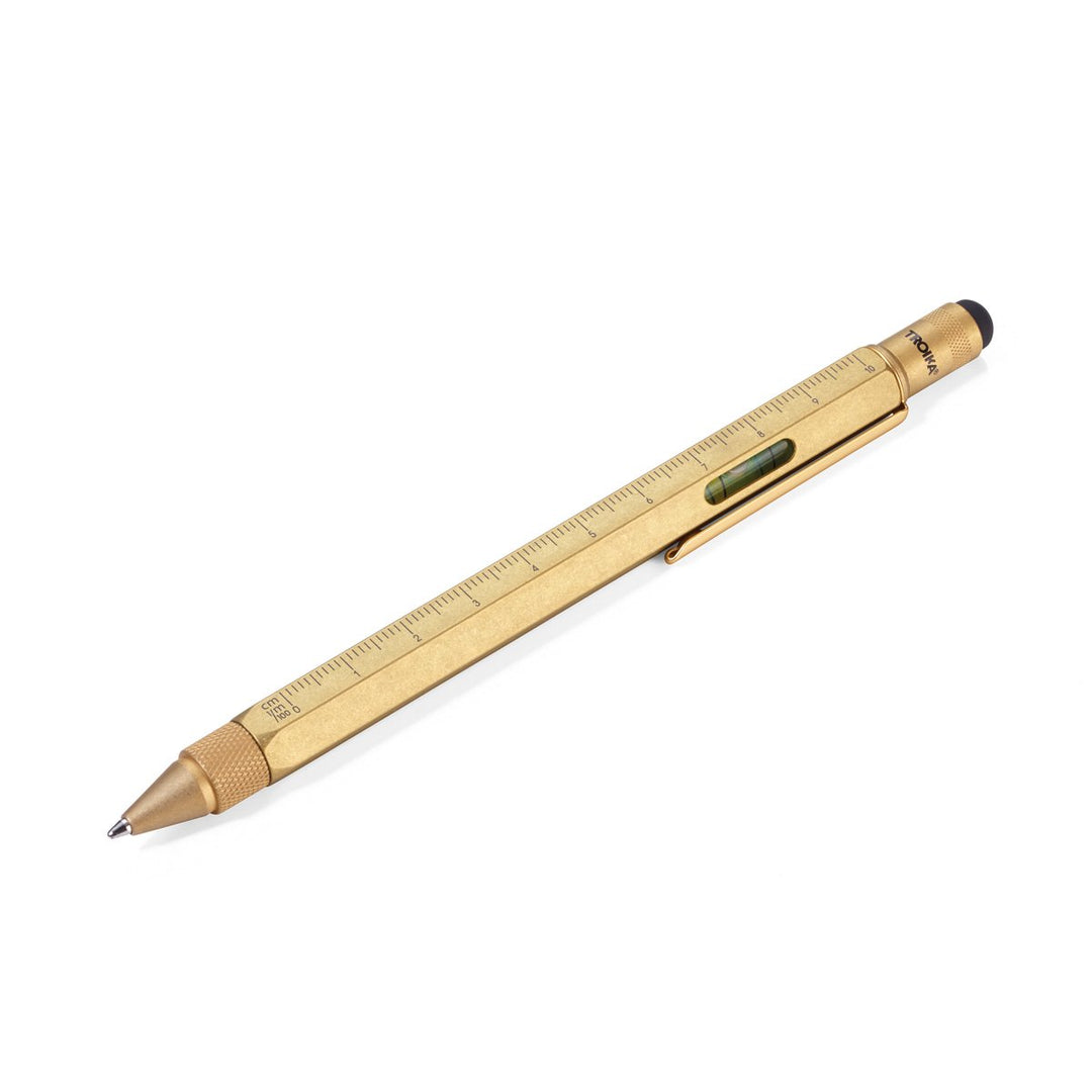 Troika Construction Ballpoint Pen Antique Brass with Black Imprint- Image showing Ruler, Level and Stylus