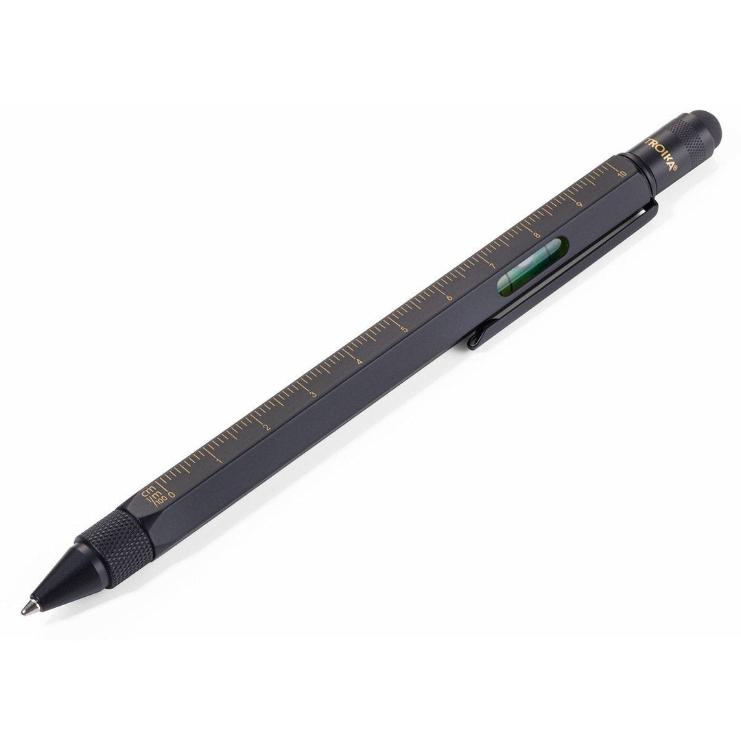 Troika Construction Ballpoint Pen Black with gold imprint- Image showing Ruler, Level and Stylus
