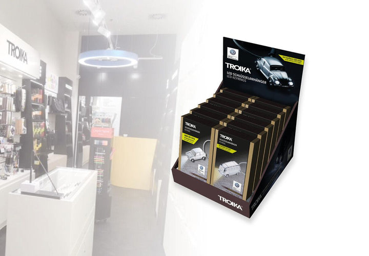 Troika Cardboard Counter Display with Twelve Item KR16-40/KR17-40 VW LED Keychains Assorted