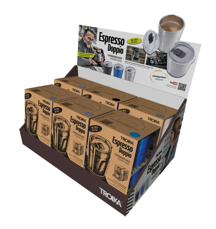 Troika Cardboard Counter Display with Six Item CUP65 Insulated Espresso Doppio Assorted Colors