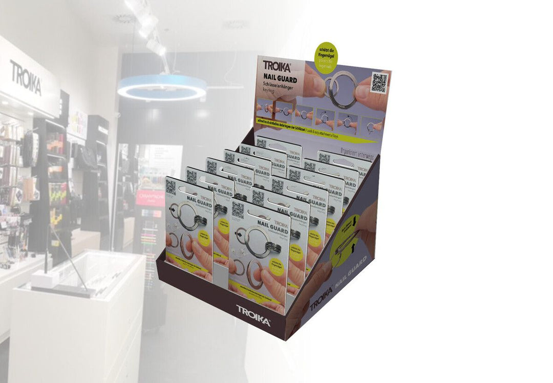 Troika Cardboard Counter Display with Twelve Item KR23-10/ST Nail Guard Patented Keychain Assorted