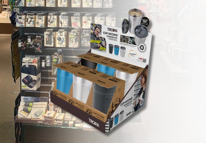 Troika Cardboard Counter Display with Six Item CUP30 Insulated Cup-uccino Assorted Colors