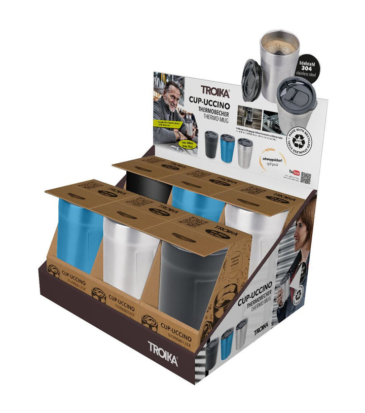 Troika Cardboard Counter Display with Six Item CUP30 Insulated Cup-uccino Assorted Colors