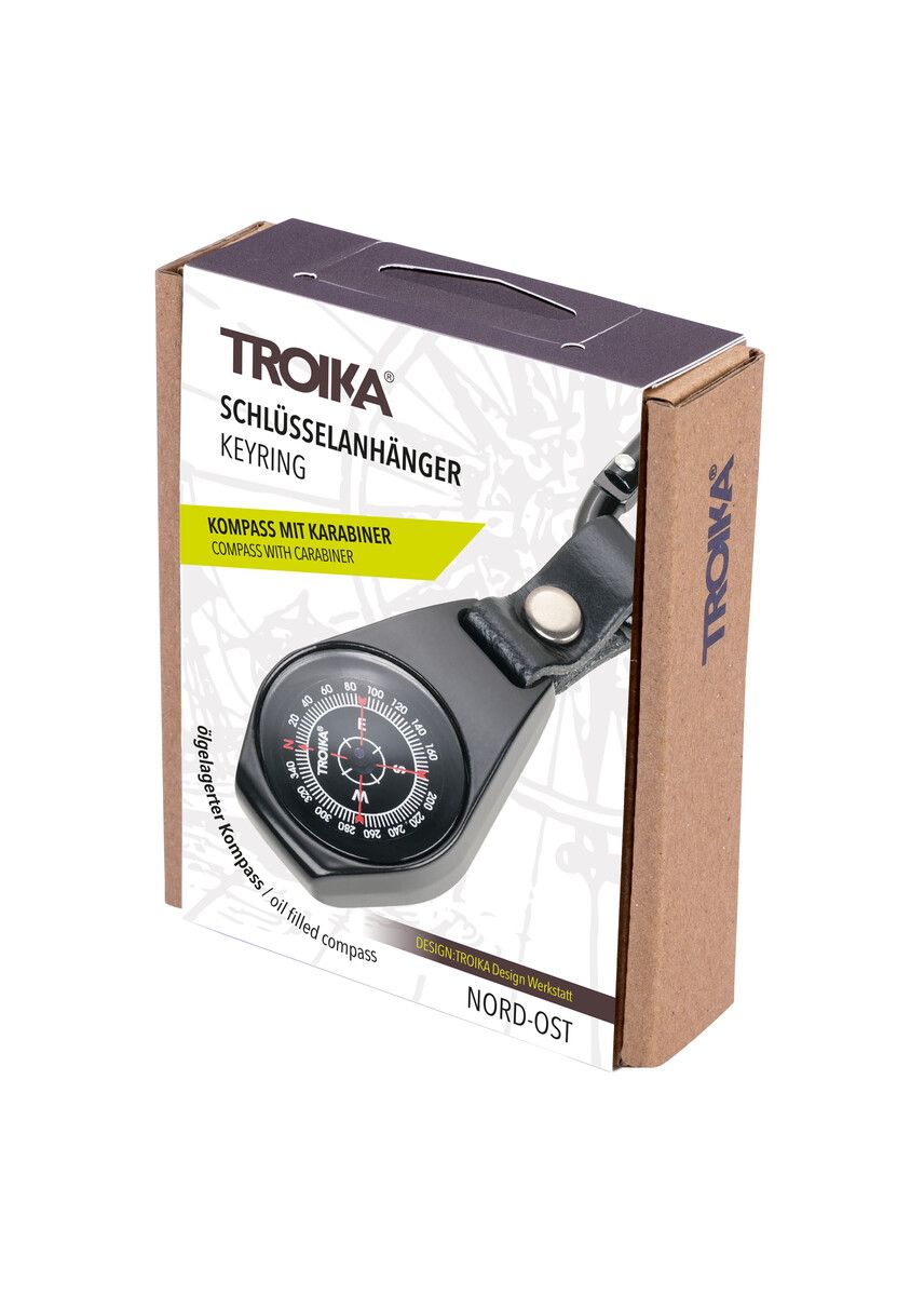 Troika NORD-OST, Pocket Compass with Carabiner and Leather Loop