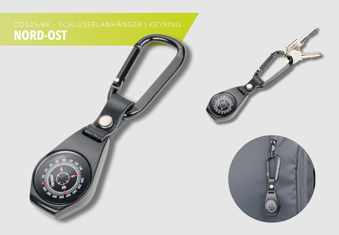 Troika NORD-OST, Pocket Compass with Carabiner and Leather Loop