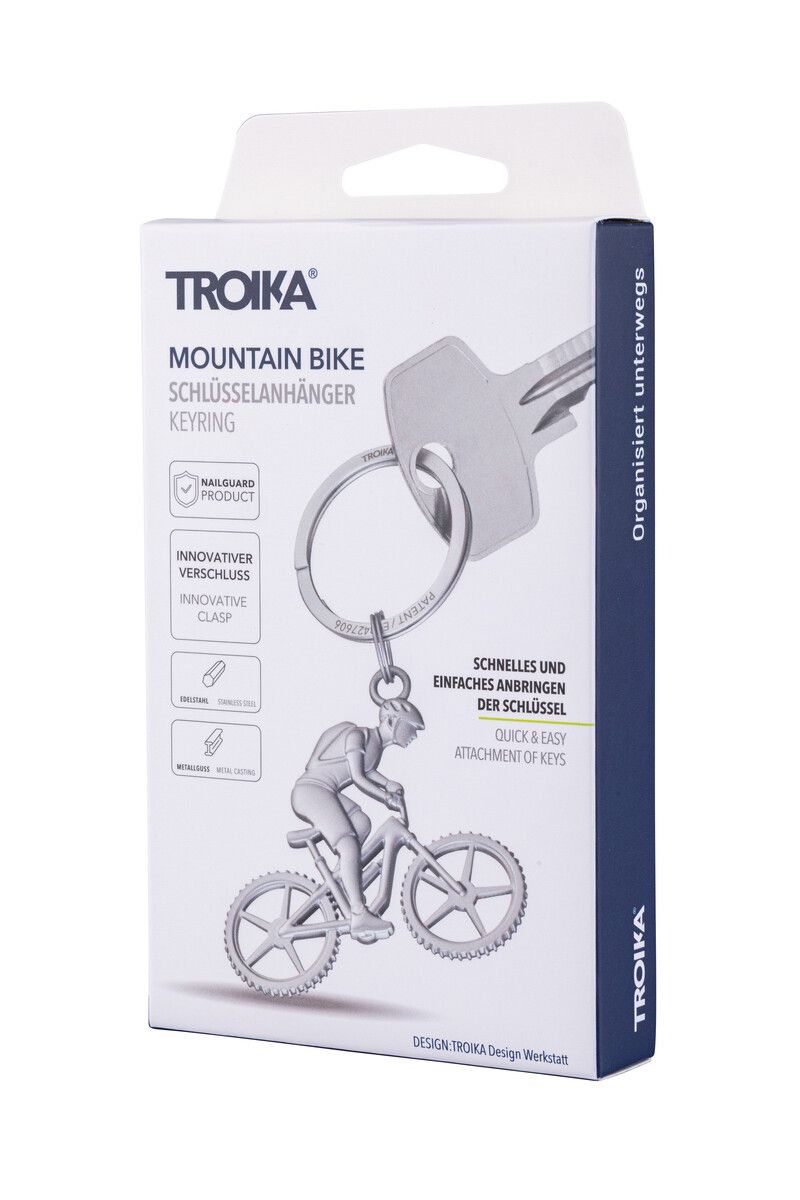TROIKA MOUNTAIN BIKE Keychain – Metal Cast Cyclist with NAIL GUARD Ring