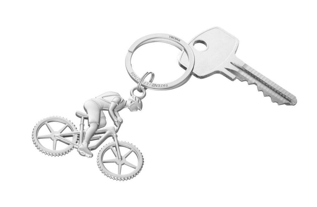 TROIKA MOUNTAIN BIKE Keychain – Metal Cast Cyclist with NAIL GUARD Ring