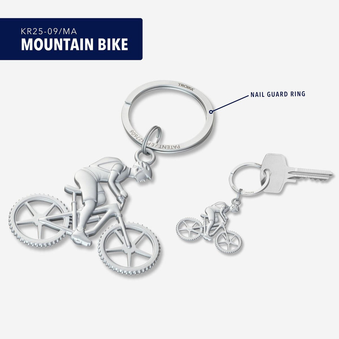 TROIKA MOUNTAIN BIKE Keychain – Metal Cast Cyclist with NAIL GUARD Ring