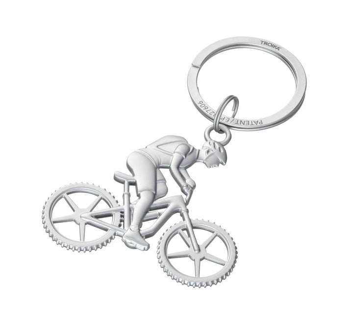 TROIKA MOUNTAIN BIKE Keychain – Metal Cast Cyclist with NAIL GUARD Ring