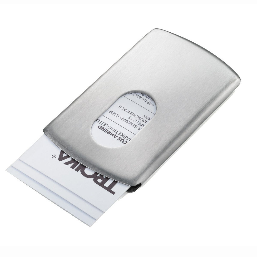 Troika Slide Business Card Case (Silver) with business cards getting dispensed, CDC30/ST