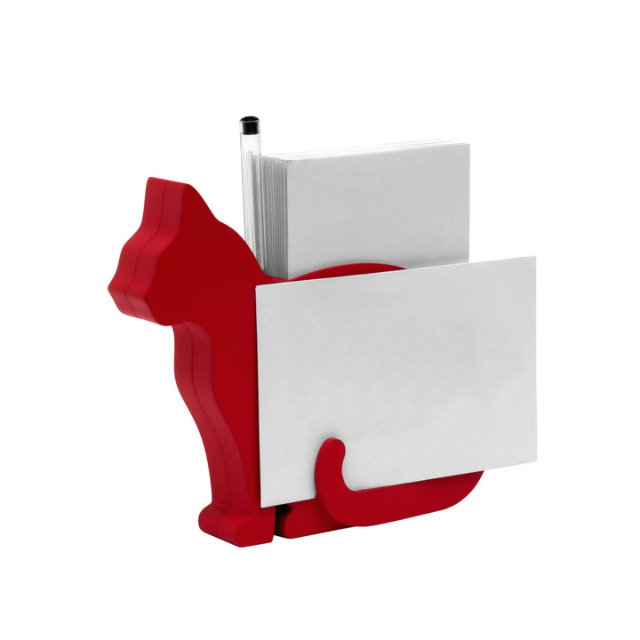LIB Editeur d'idées FELIX, Cat Stationery and Napkin Holder, Holds Notepad, Pen, Coffee Filters, Cocktail Napkins, Shown in red holding envelopes and pen
