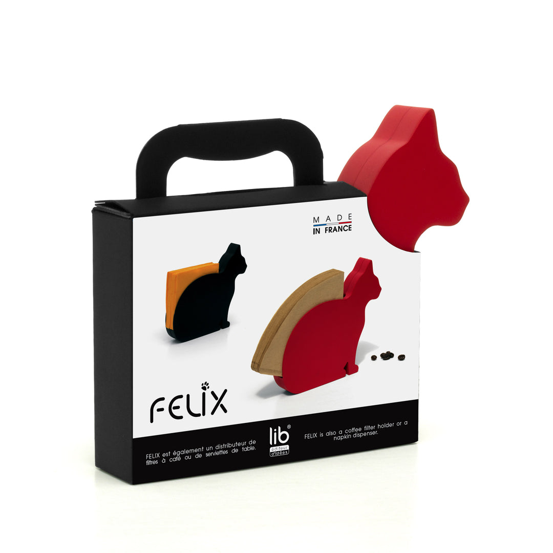 LIB Editeur d'idées FELIX, Cat Stationery and Napkin Holder, Holds Notepad, Pen, Coffee Filters, Cocktail Napkins, Shown in red in packaging