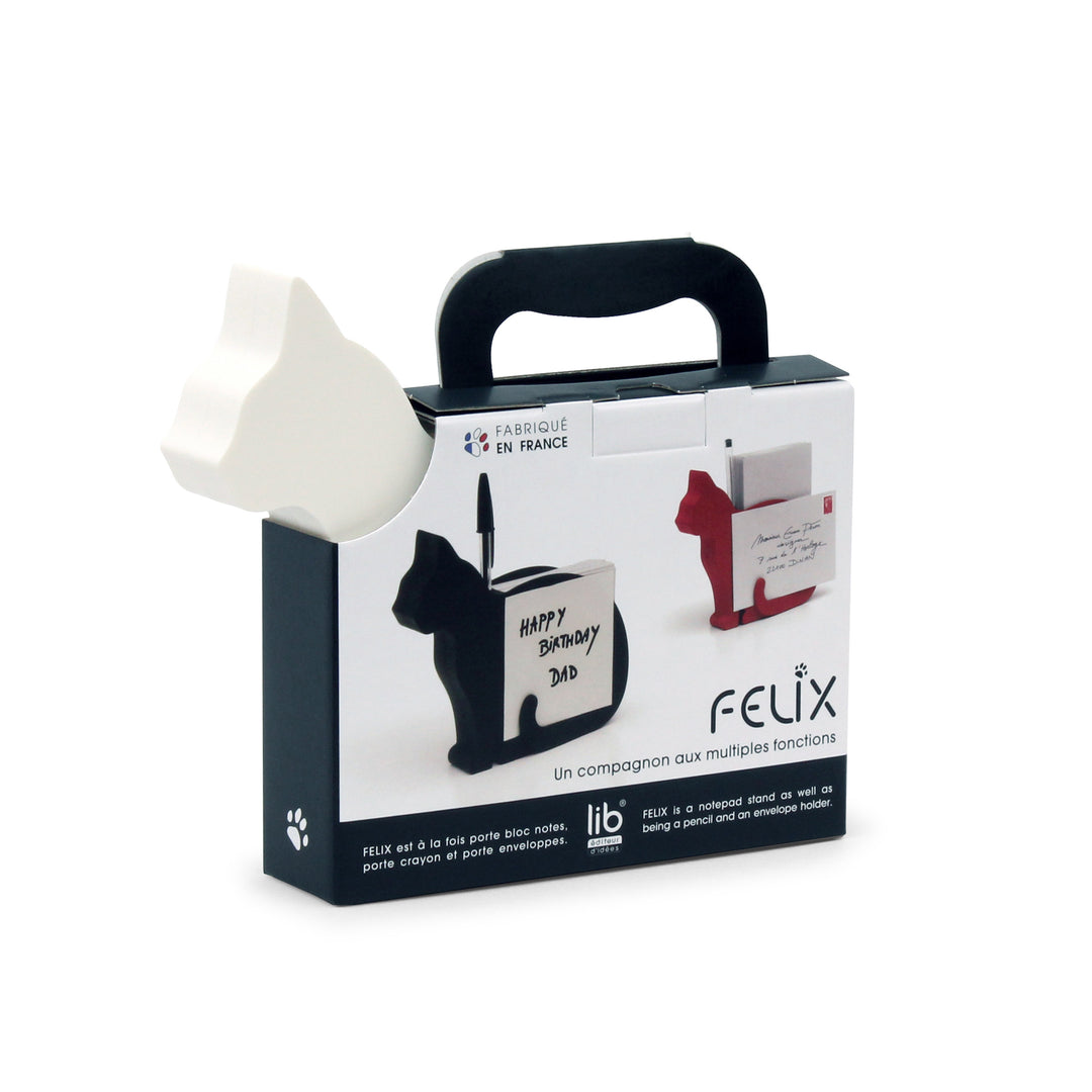 LIB Editeur d'idées FELIX, Cat Stationery and Napkin Holder, Holds Notepad, Pen, Coffee Filters, Cocktail Napkins, Shown in white in packaging