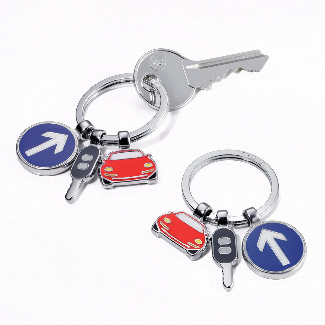 Troika On the Road, Keychain with Chrome and Enamel Traffic Charms. Image showing one keychain with keys and one keychain without.Troika Item KR11-18/CH 