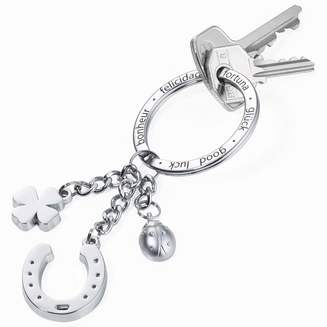 Troika GLÜCKSBRINGER Hufeisen, Keychain with Chromed Good Luck Charms. Image showing keys on split ringTroika Item KR16-11/CH