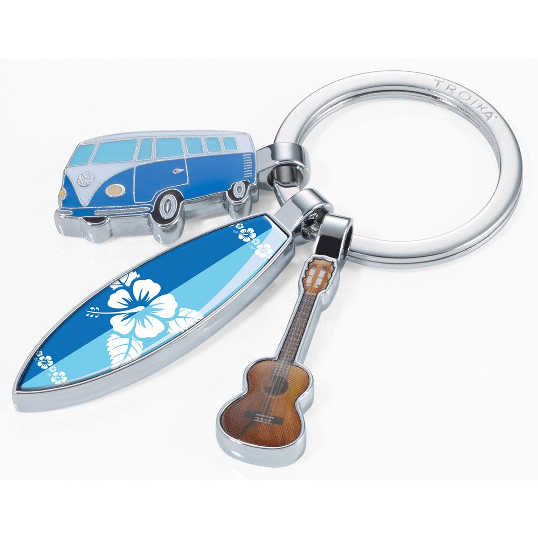 Troika Surfmate T1, Keychain with VW T1 Van, Surfboard and Guitar Charms. Troika Item KR16-14/CH 