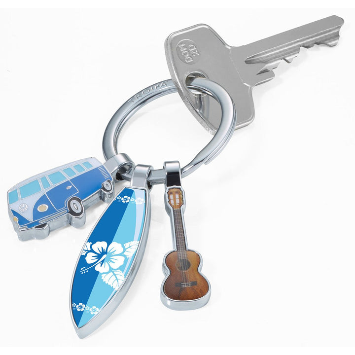 Troika Surfmate T1, Keychain with VW T1 Van, Surfboard and Guitar Charms. Image shows key on split ring. Troika Item KR16-14/CH 