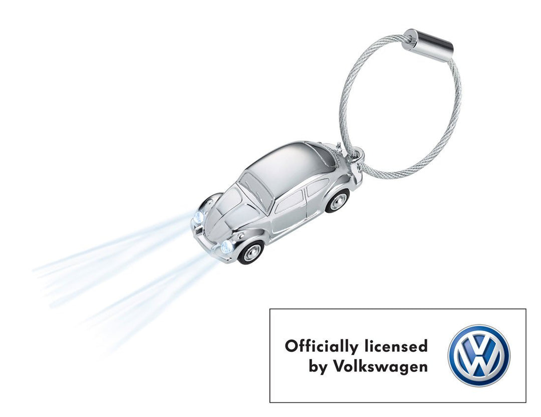 Troika VW Bug LED Keychain Shown with white LEDs on with nail friendly wire loop. Troika item KR16-40/CH