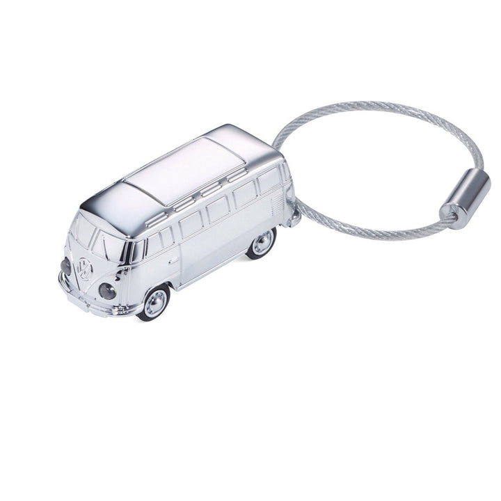 Troika VW Light Bulli, Camper Van LED Light Keychain Chrome with nail friendly wire loop. Showing white LED Lights off. Troika Item KR17-40/CH