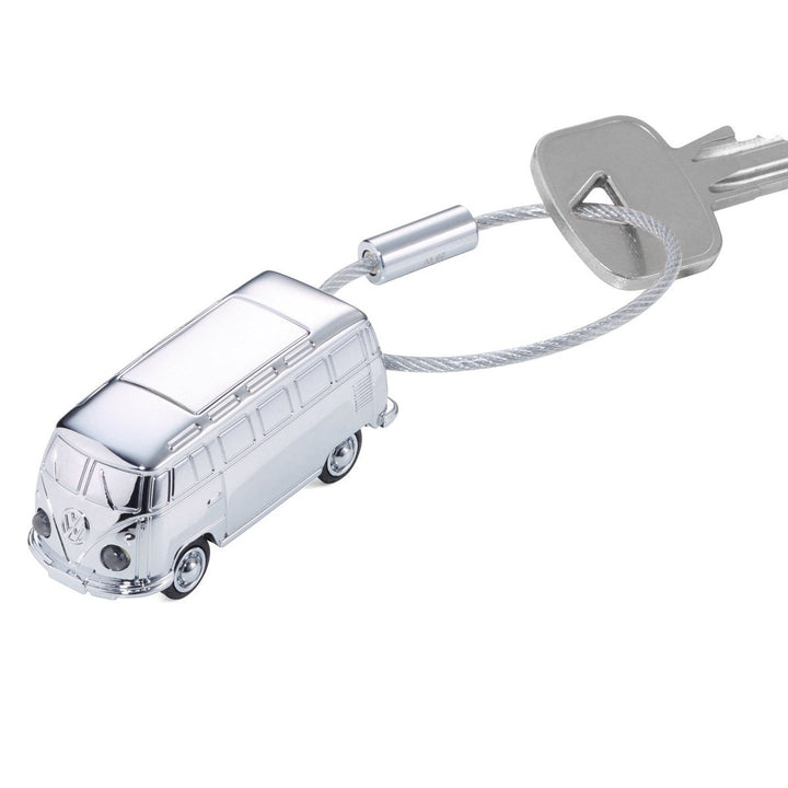 Troika VW Light Bulli, Camper Van LED Light Keychain Chrome with key on nail friendly wire loop. Showing white LED Lights off. Troika Item KR17-40/CH