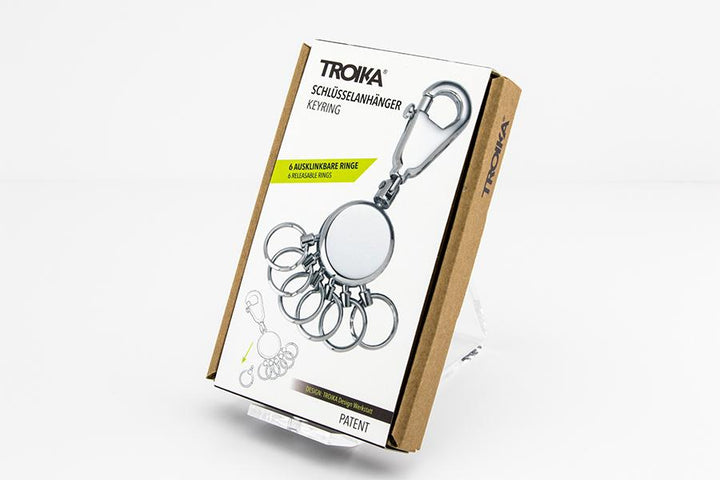 Troika Multi-Ring Patent Keyring in Shiny Chrome Item KYR60/CH Showing Packaging