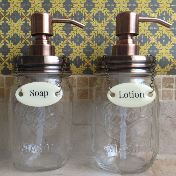 Duke Baron Vintage Style Mason Jar Soap and Lotion  Dispenser Set with Brass Soap and Lotion Tag