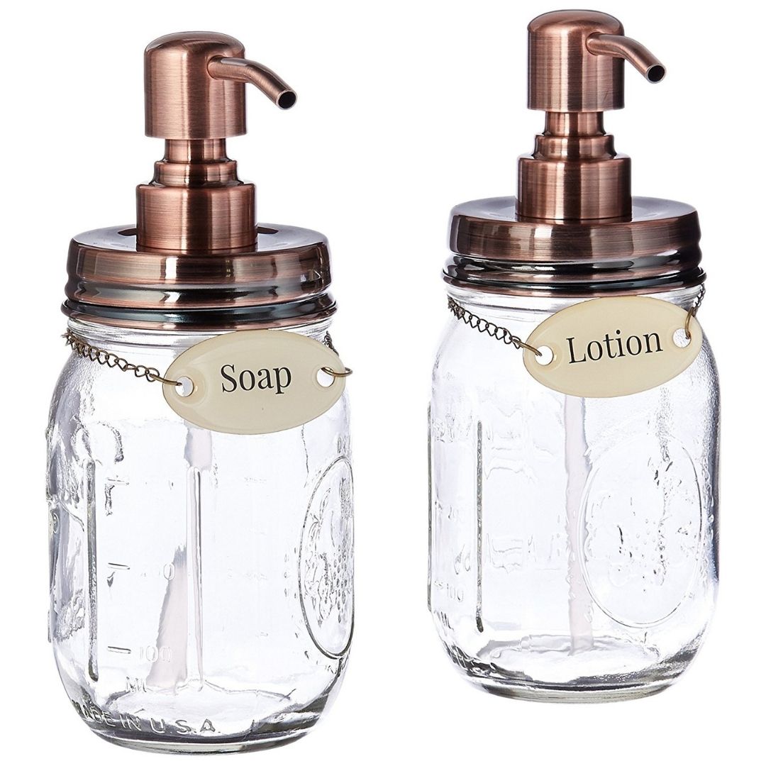 Duke Baron Vintage Style Mason Jar Soap and Lotion  Dispenser Set with Brass Soap and Lotion Tag
