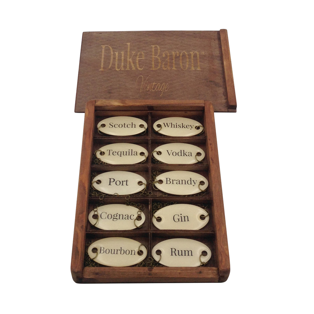 Duke Baron Vintage Brass Decanter Liquor Tags Set in Wood Storage Box