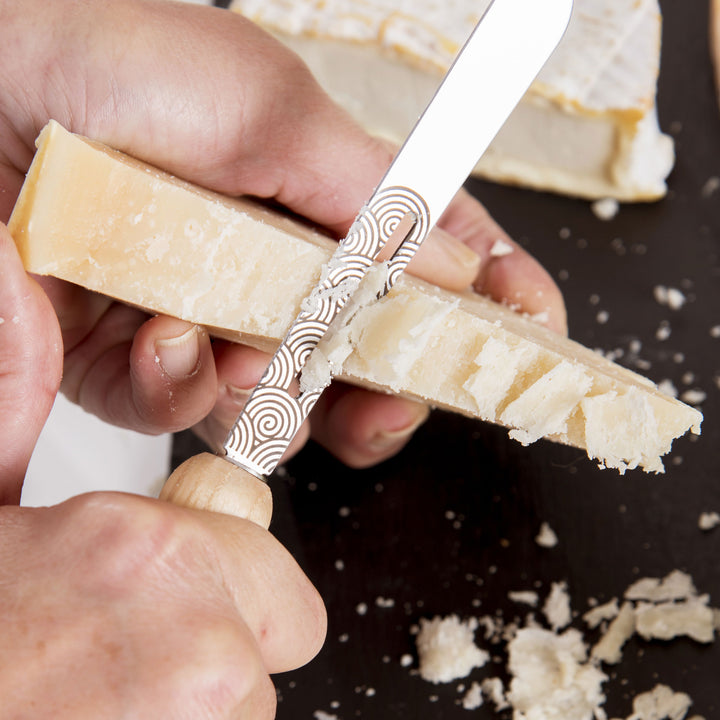 lib editeur d'idees YANA cheese knife made in France. Shown slicing a hard cheese.