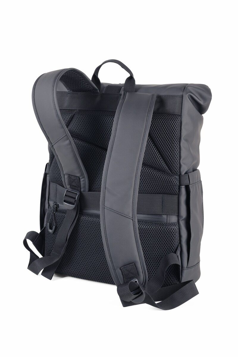 Troika BLACK Roll Top Laptop Backpack with Metal Buckle Closure