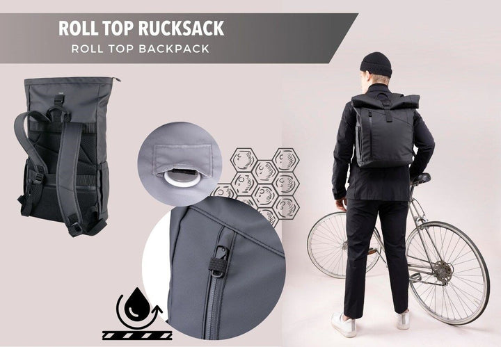 Troika BLACK Roll Top Laptop Backpack with Metal Buckle Closure