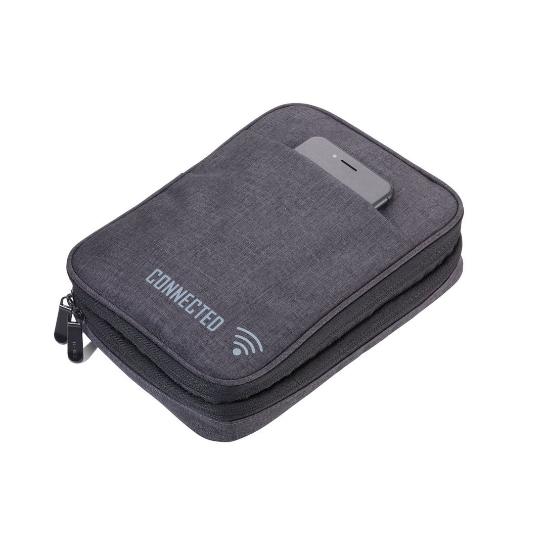 Troika Connected Tech Accessory Organizer with phone slipped into exterior pocket, CBO30/DG
