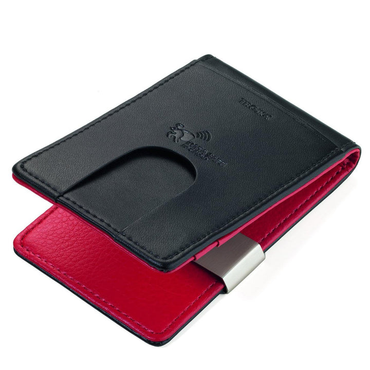 Troika Wallet CardSaver® with RIFD Protection Red Pepper, Black outside Red inside, showing outside slot for ID or drivers license