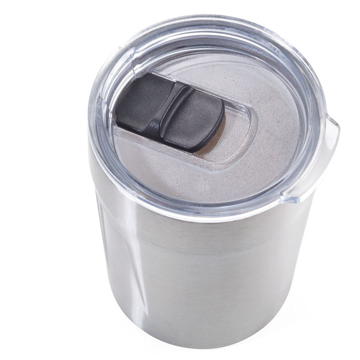Troika Doppio Espresso Stainless Steel 5.4 OZ Thermos Item CUP65/ST Showing Lid Closure Closed Position