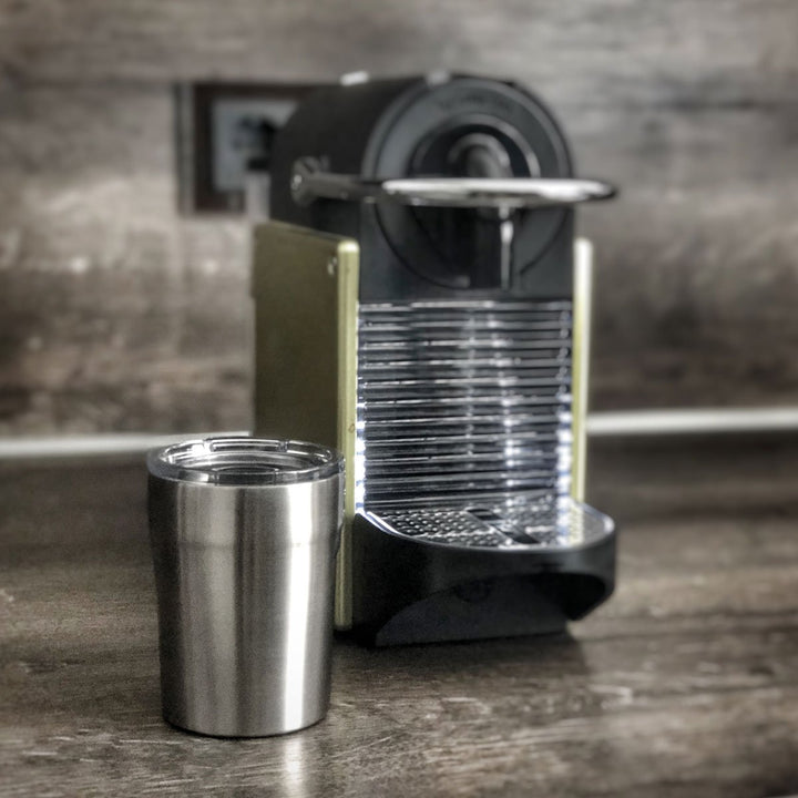 Troika Doppio Espresso Stainless Steel 5.4 OZ Thermos Item CUP65/ST Next to Espresso Machine