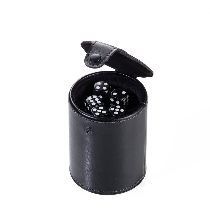 Troika Wurfel To Go Dice Cup with Storage Compartment with Five Dice, Item GAM60/BK Showing the storage Compartment