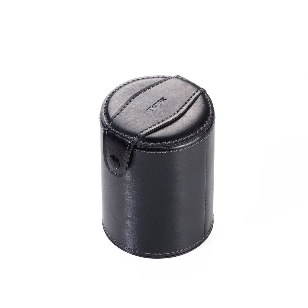 Troika Wurfel To Go Dice Cup with Storage Compartment with Five Dice, Item GAM60/BK Showing the storage Compartment Closed