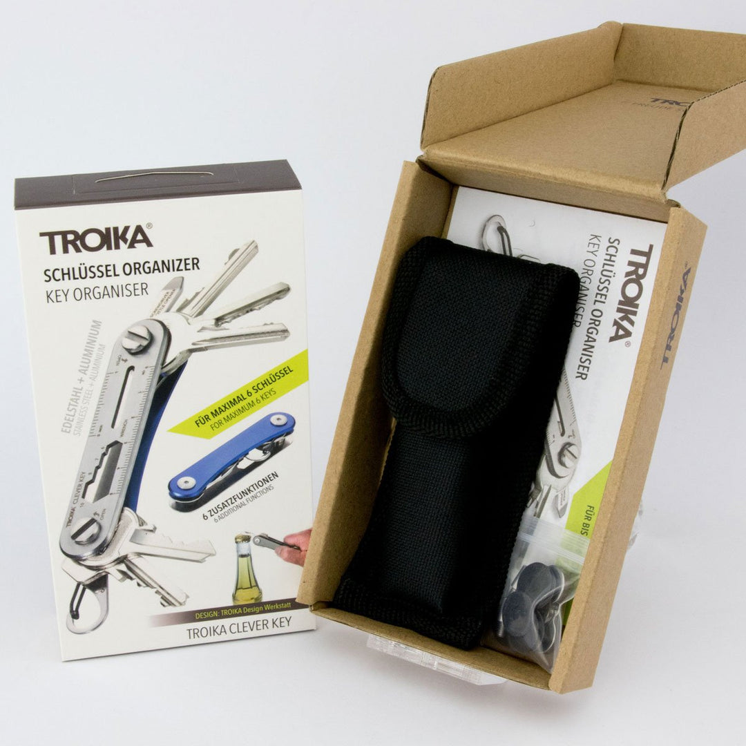 Troika Clever Key Organizer Tool packaging open with belt pouch shown