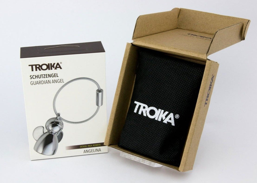 Troika Angelina Angel Keyring Cast Metal Shiny Chrome Item KR17-32/CH packaging open showing non-woven bag
